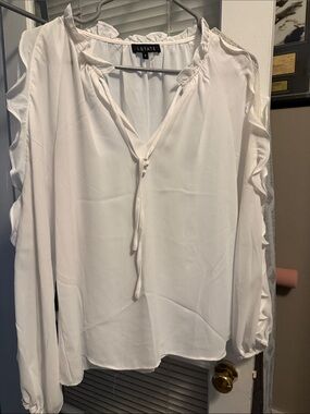 1. State White Tie-Neck Ruffle Sleeve Blouse